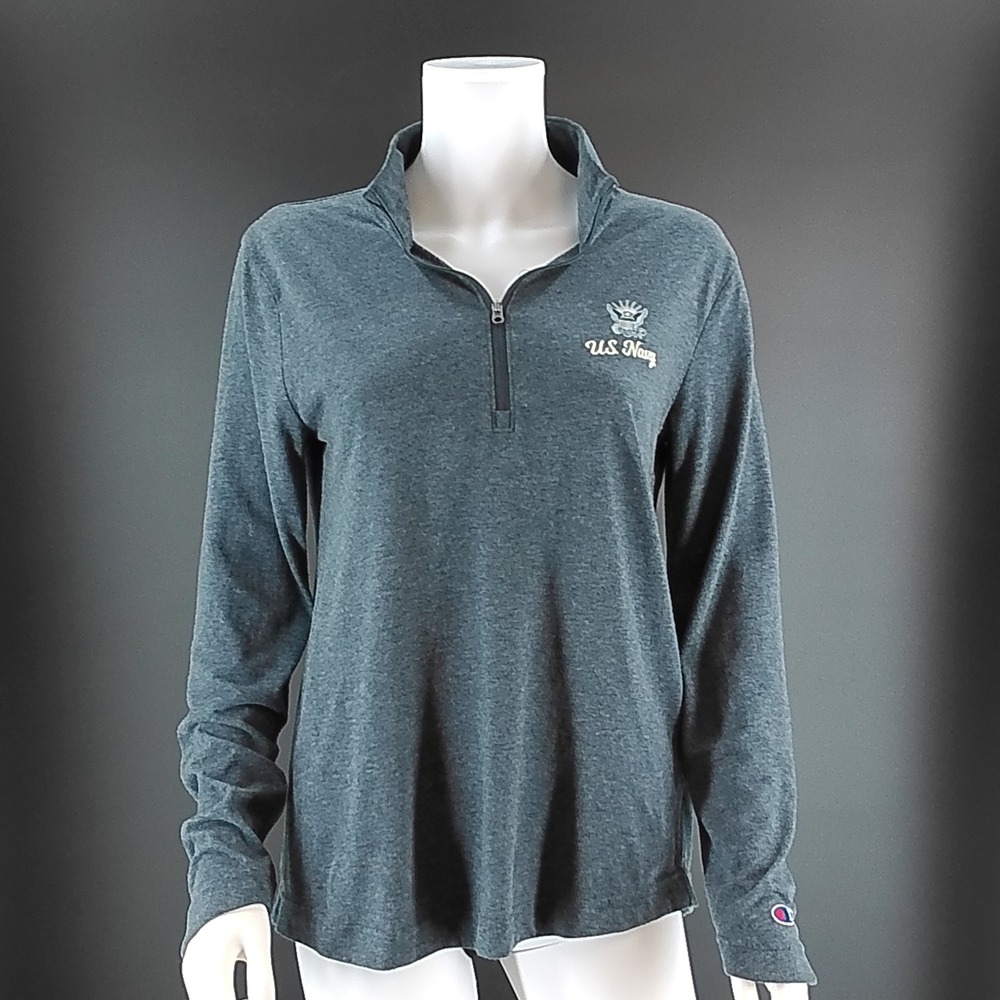 Champion US Navy Quarter Zip Pullover womens Medium Gray Long Sleeve Active Top